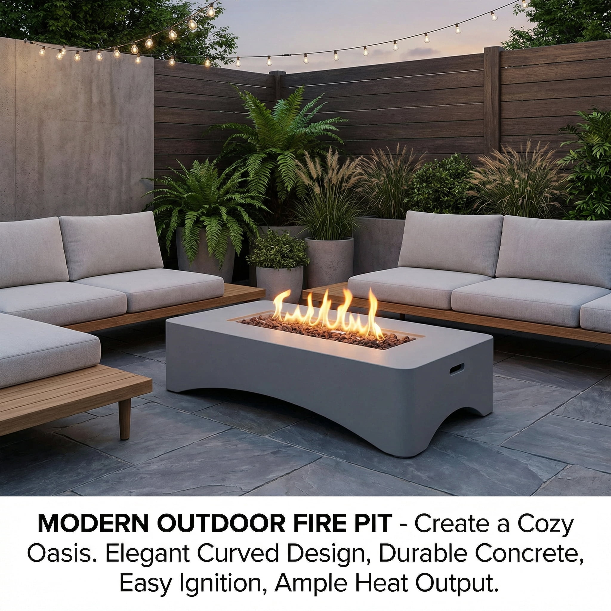 Propane Fire Pit Table, Rectangular Outdoor Gas Fire Pit 50,000 BTU, Modern Minimalist Fire Table for Patio Backyard Deck, Concrete Firepit with Waterproof Cover, Lava Rocks & Tank Seat–Light Grey