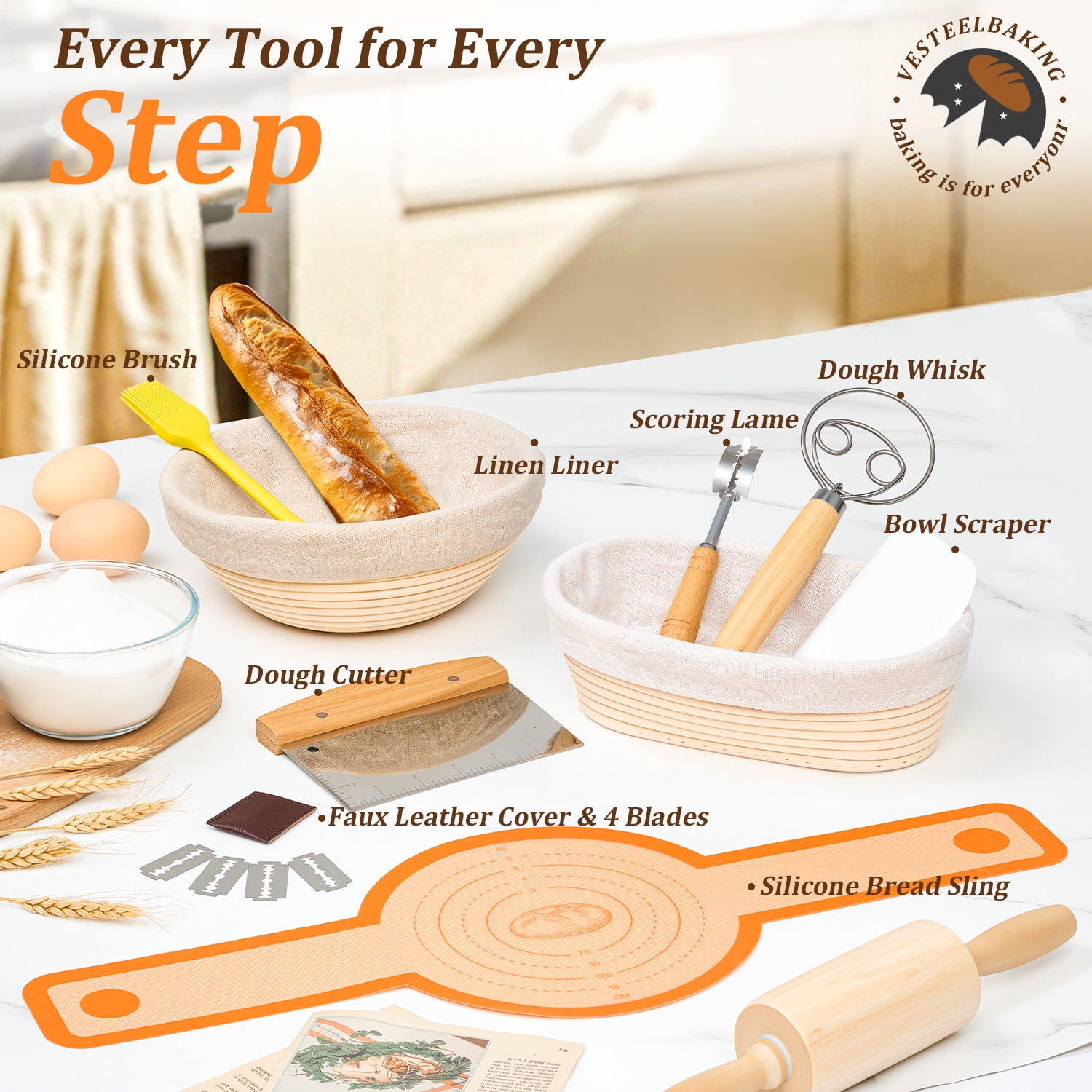 Vesteel 15Pcs Bread Proofing Basket Set, 9” Round and 10” Oval Banneton Bread Baking Baskets with Liner, Dough Baking Supplies Tools Included for Fermenting Baking