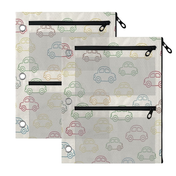2 Pack 3-Ring Binder Pencil Pouch with Clear PVC Windows Line Car Large Capacity Stationery Bag for Classroom Office Supplies