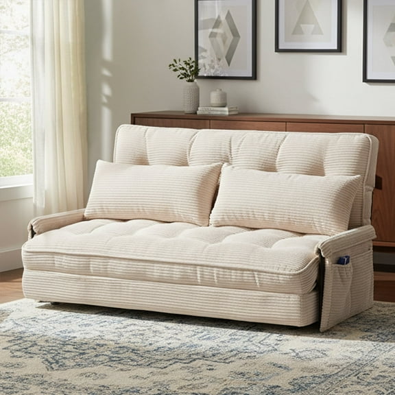 Convertible Futon Sofa Bed with Adjustable Backrest Pillows, Folding Loveseat Sleeper Sofa, Corduroy Pull Out Couches with Side Pocket for Living Room Bedroom Lounge,Beige