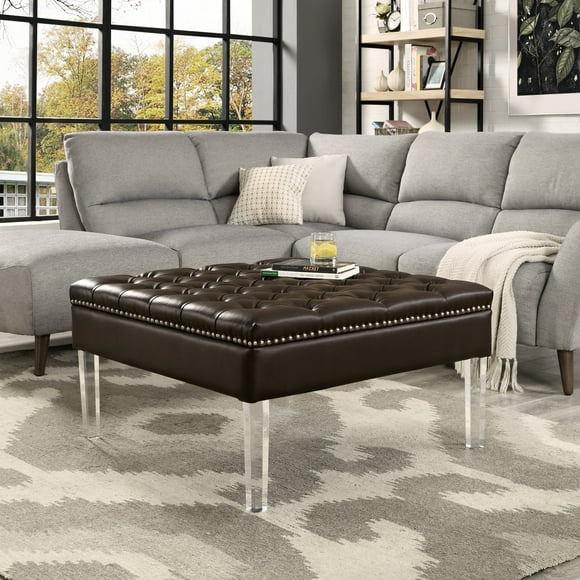 Inspired Home Stella Faux Leather Ottoman Cocktail Coffee Table Square Tufted, Espresso