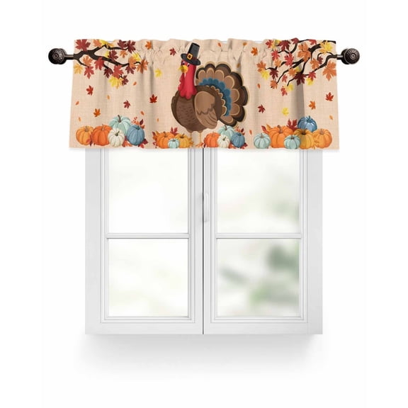 Farmhouse Fall Thanksgiving Turkey Kitchen Valances for Windows Orange Pumpkins Maple Leaf Valance Curtains  for Kitchen /Living Room/Bedroom/ Bathroom Decor, 54"x18 " ,Rod Pocket 1 Panel,