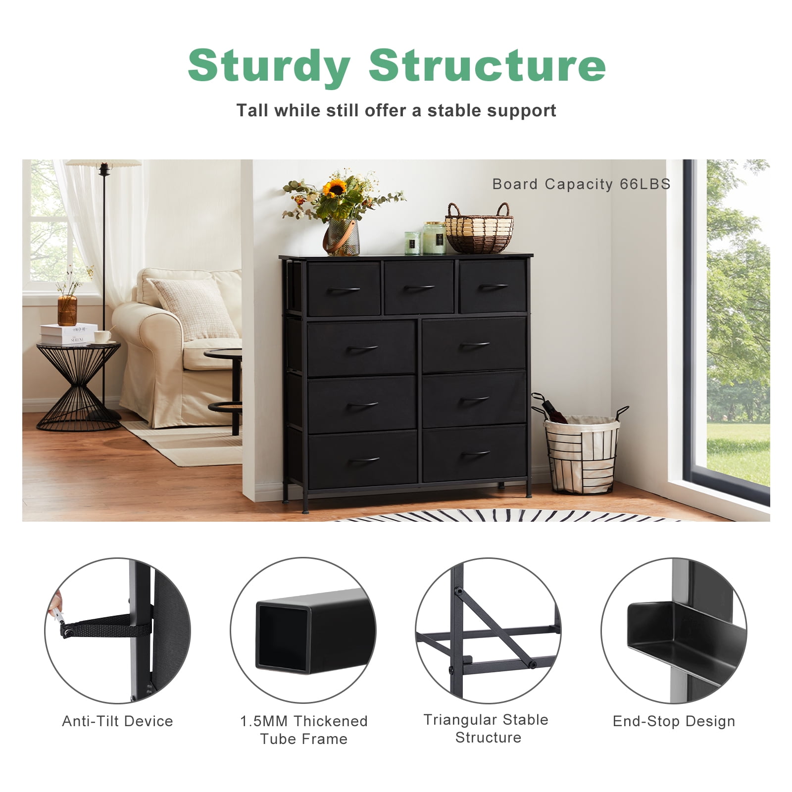 MAYEERTY Fabric Dresser with 9 Drawers for Storage and Organization, 39.4 Inch Tall Chest of Dresser, Black