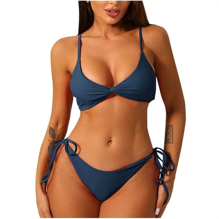 OSFVNOXV Womens High Waisted Bikini 2-Piece Bathing Suit Solid Color Small Cups Balconette Bra String Thongs Underwear Summer Holiday Swimwear Beachwear Clearance