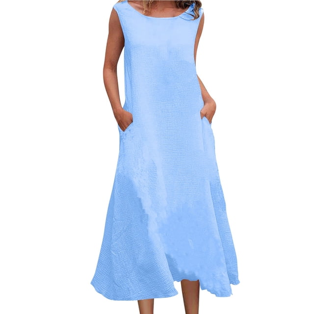 Robe Décontractée pour Femmes à Col Rond Sans Manches avec Poche Multicolore Jupe Longue