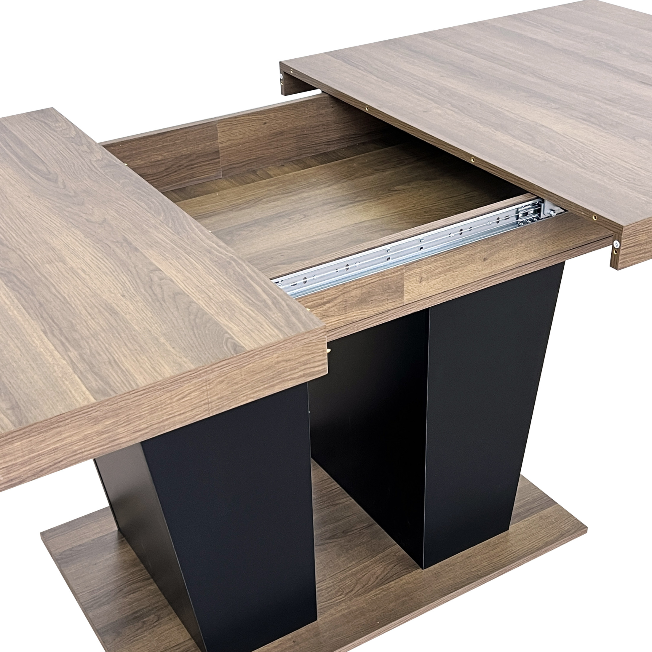 Noble House Brivaro 78.74" Extendable Dining Table, Large Wooden Dual Column Pedestal Table for 6-10, Black & Brown