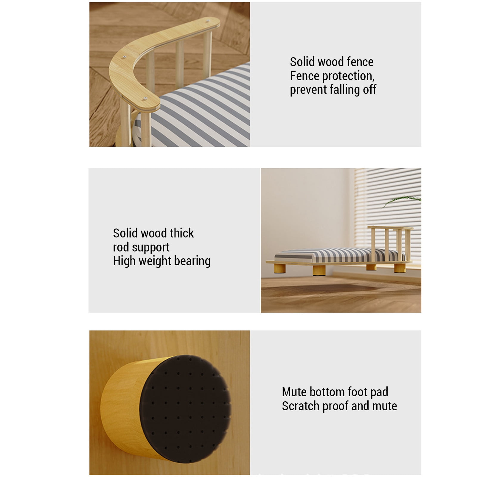 YAHHU Wooden Elevated Cat Bed Cot Frame Soft Cushion 15.7 inches / 40 cm Small Dogs Furniture Striped Style