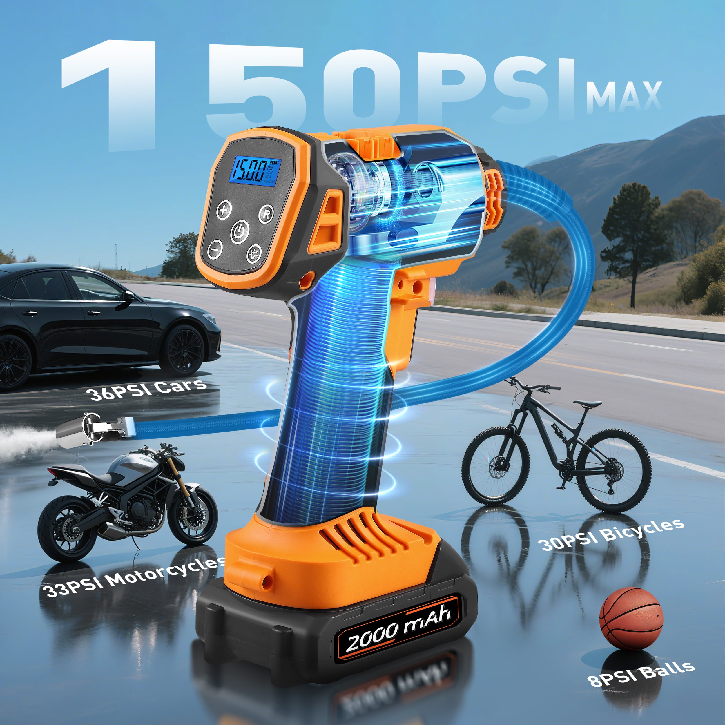 RELOIVE Tire Inflator Portable Air Compressor - 150 Psi Air Pump For Car Tires with Digital Pressure Gauge, LED Light and Auto Shut-Off Function - Cordless Pump for Car, Motorcycle, Bicycle, Balls