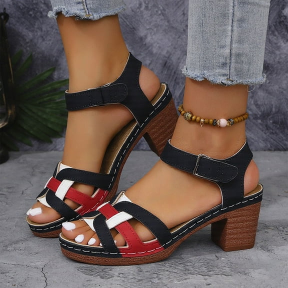 Viluyesy Womens Heeled Sandals, Ankle Strap Round Toe Wide Width Summer Casual Comfortable Shoes Black
