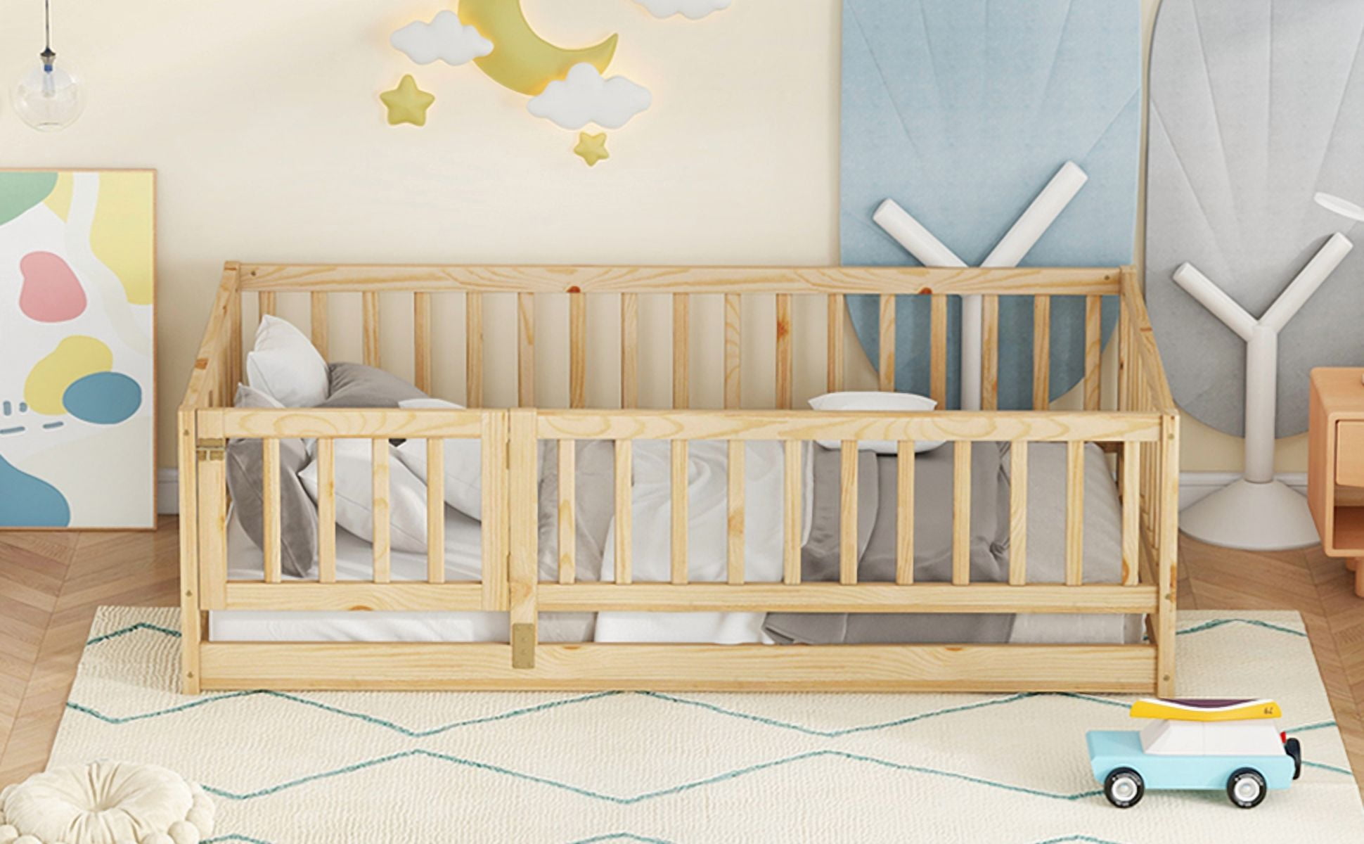 Twin Size Floor Bed with Slats, Montessori Style with Fence & Door, Solid Wood Construction, Oak