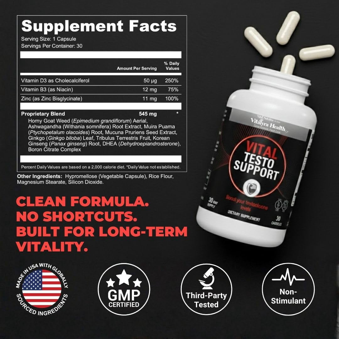 Vitalyra Testo Booster - Natural Testosterone Support Supplement for Men | Promotes Energy, Stamina, and Vitalyraity | Men’s Health | Made in USA | 30 Days Supply