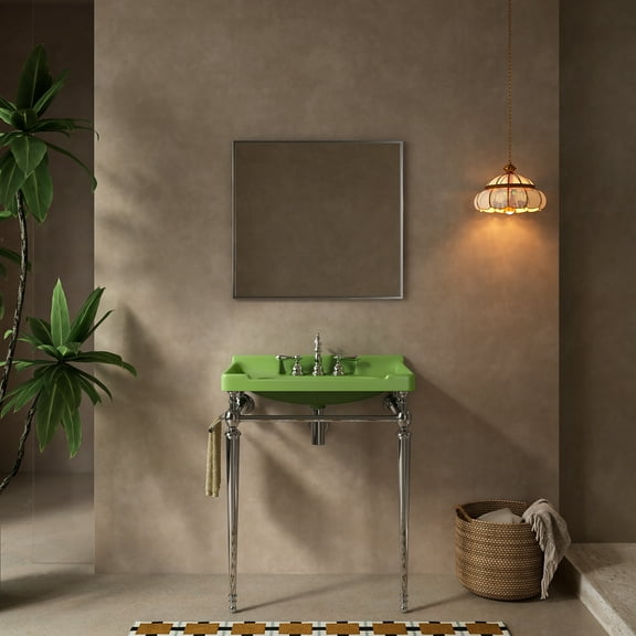 28" Bathroom Console Sink, Wall-Mounted Green Ceramic Vanity Basin with 3 Pre-drilled Faucet Holes, Freestanding Stainless Steel Support Legs with Towel Bar, No Faucet, Chrome Color