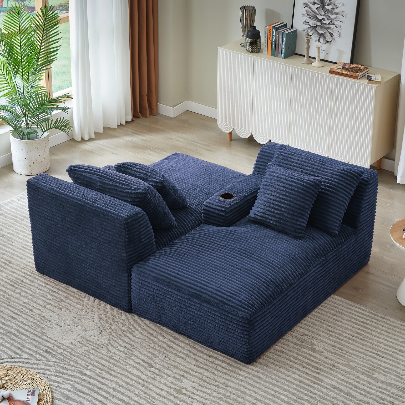 71" Oversized Double Chaise Lounges Indoor, Upholstered Corduroy Sofa Bed with Dual Cup Holders, Sectional Sleeper Loveseat for Living Room, Blue