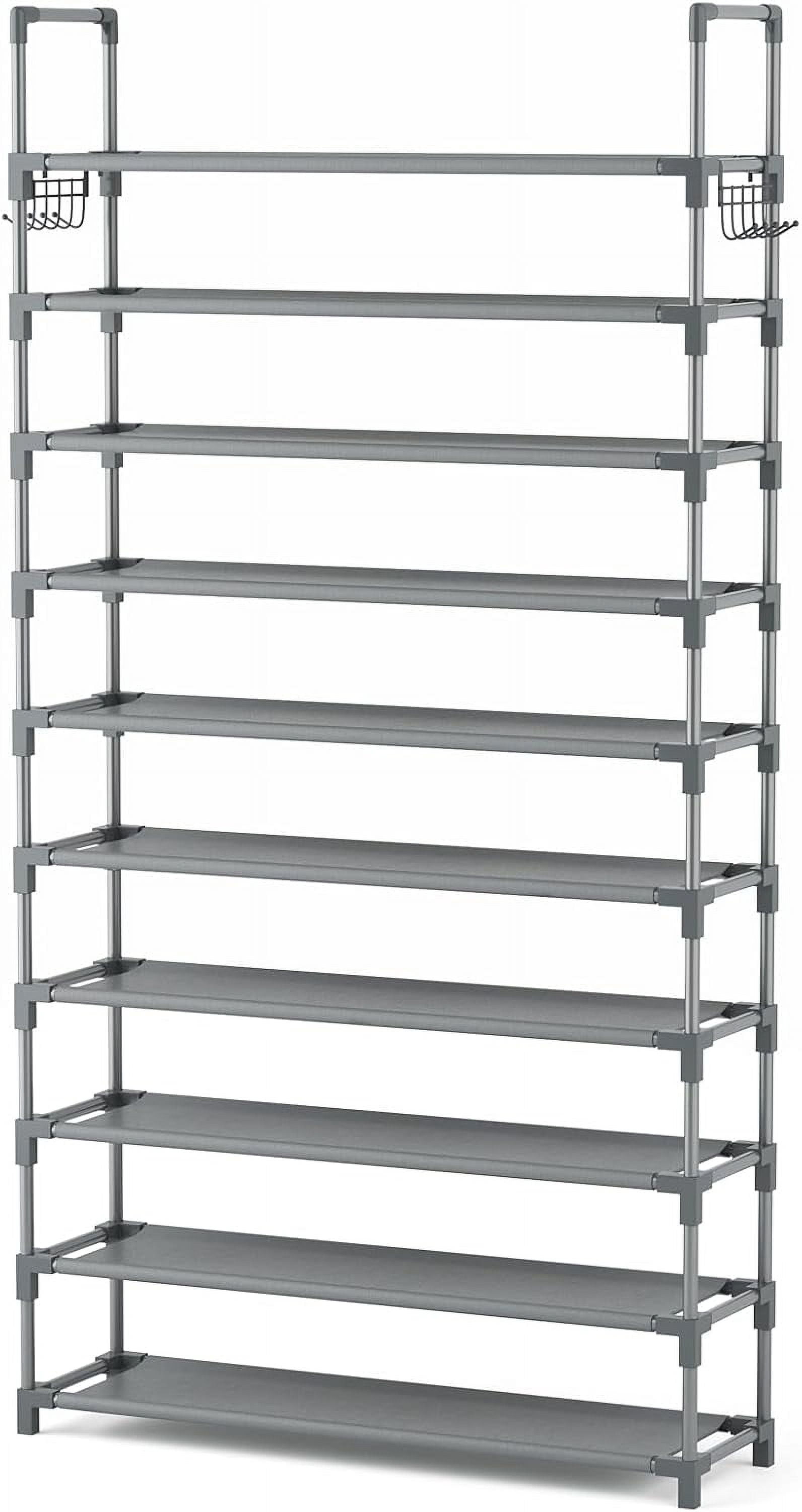 10 Tiers Shoe Rack Tall Large Capacity Wide Shoe Organizer Sturdy Shoe Shelf for Entryway with Two Hooks Metal Shoe Storage for Closet, Bedroom, Grey