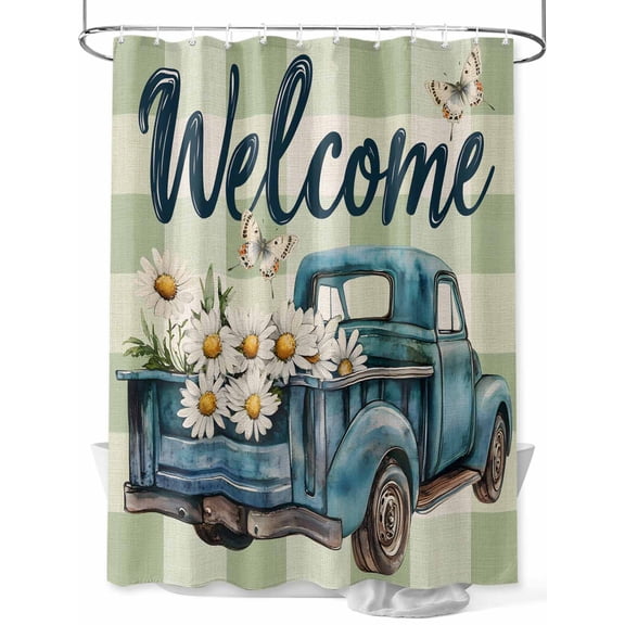 Blue Truck Spring Floral Shower Curtain Set, Waterproof Shower Curtains for Bathroom, Sage Green Plaid Butterflies Washable Fabric Cloth Bath Curtain for Bathtub Decoration with Hooks 72x78 Inches