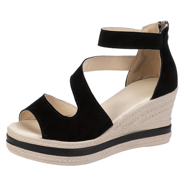 Bmisegm Ladies Summer Retro Pure Colour Thick Bottom High Heel Zipper Large Size Slope Heel Sandals Sandals Women Summer Black 8