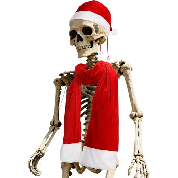 Skeleton Outfits, - Scarf and Giant Santa Hat with Drawstring/Adhesive for Heavy Secure,Skeleton Accessories for Christmas Decorations Outdoor Garden Lawn