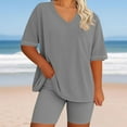 thumbnail image 2 of Yteetum Two Piece Outfits For Women Summer Plus Size Solid Color V-Neck Short Sleeve Top Homewear T Shirts and Shorts Two Piece Sets XXXXXL, 2 of 5