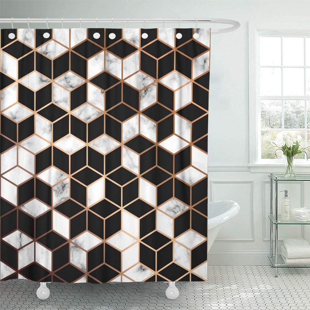 KSADK Marble with Golden Geometric Lines and Cubes Black and White
