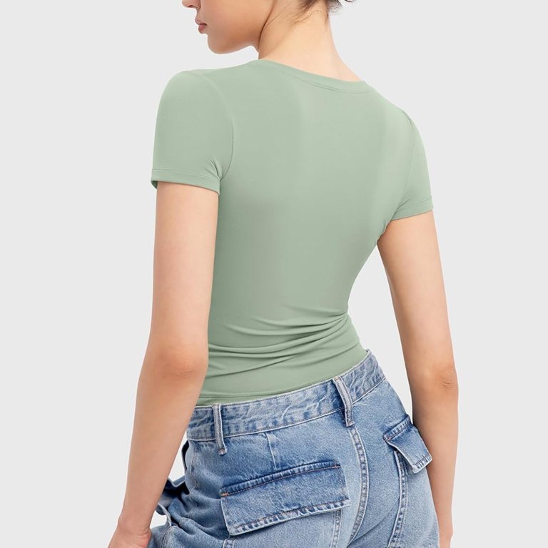 【 】 crop slim fit women's short sleeve T-shirt Jzuxvd Womens Summer Sexy Short Sleeve Square Neck Double