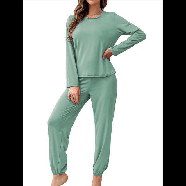 Conjunto de Pijama de 2 Piezas para Mujer, Camiseta y Pantalón Lisos, Suave y Elástico. Verde Frijol S