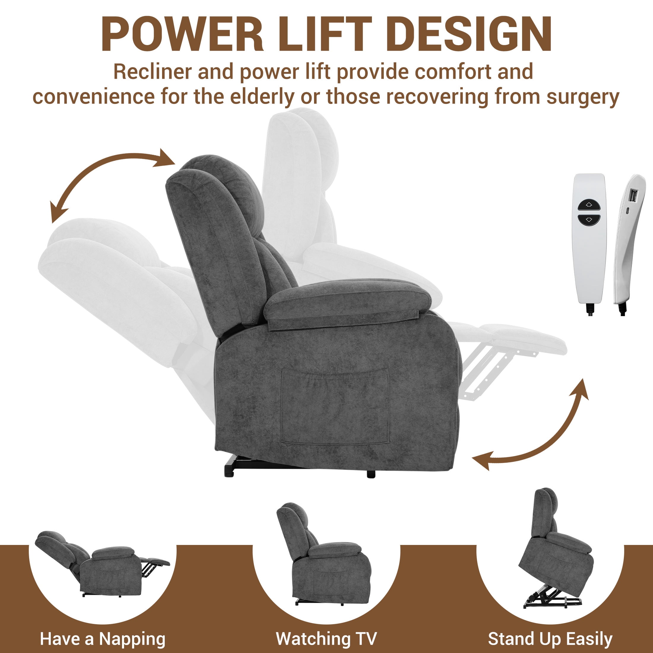 HSUNNS Power Lift Recliner Chair for Elderly, Overstuffed Wide Recliners for Adults, Heavy Duty Recliner Sofa and Safety Motion Reclining Mechanism, 45°-135° Recline, 350lb Capacity, Grey