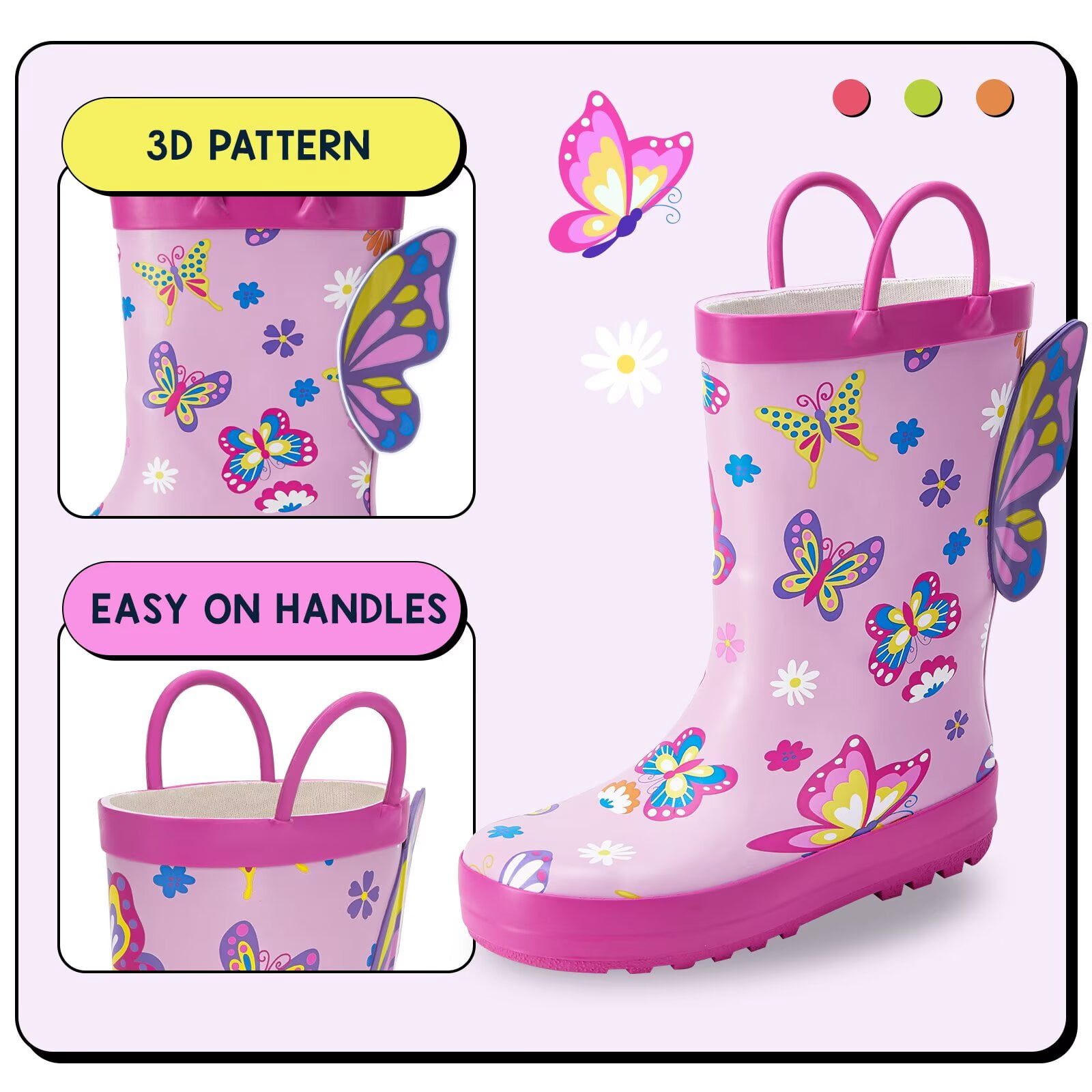 EUXTERPA Toddler Rain Boots for Boys Waterproof Kids Butterfly Rubber Boots with Easy On Handles Toddler Size 6