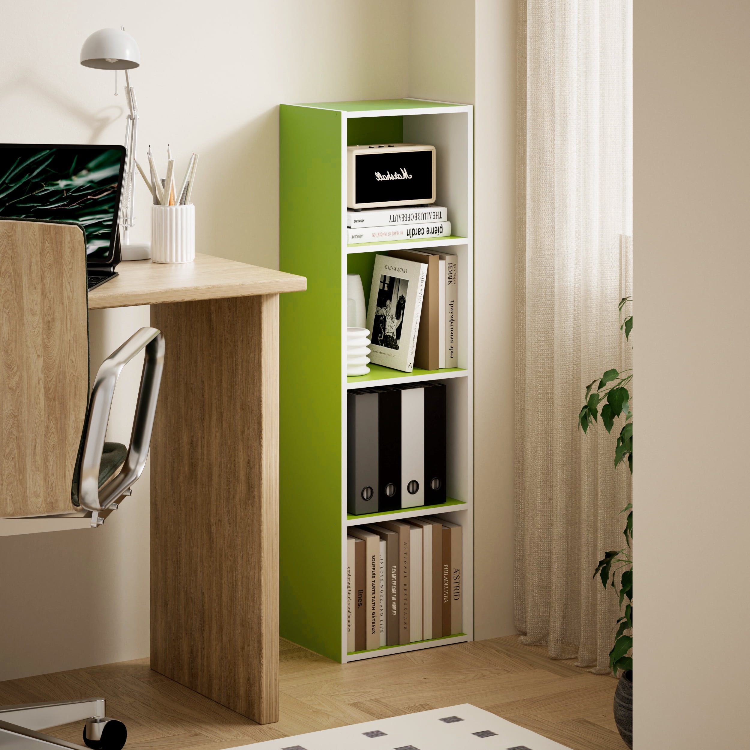 HOMLUX 9" x 12" x 42" Storage Shelf 4 Tier Cube Bookcase, Suitable for Small Space, White & Green