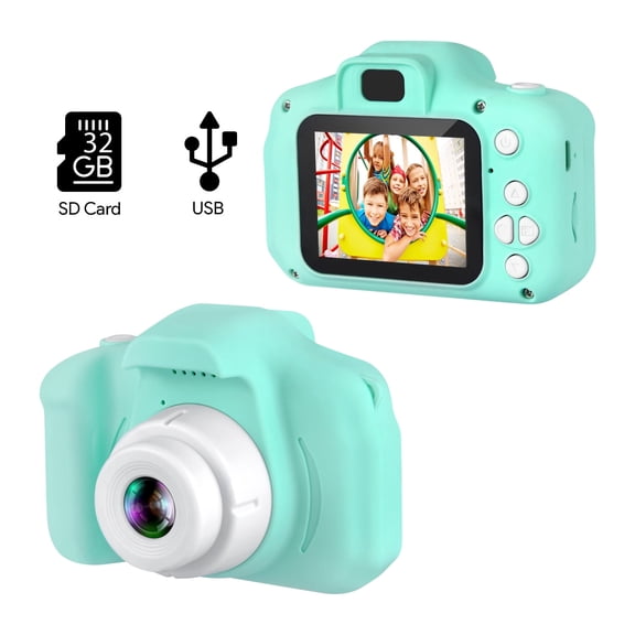 HOM Kids Camera - 1080p Digital Camera for Kids with Soft Silicone Body and Hand Strap - 32GB SD Card Included (Green)