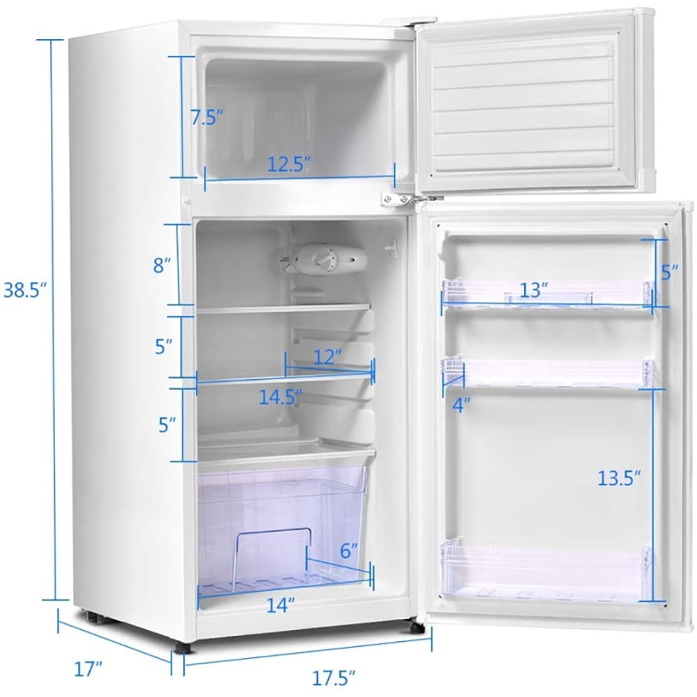 Kadyn 3.4 Cu ft Refrigerator with Adjustable Thermostat, 2 Doors Cold-rolled Sheet Compact Refrigerator with Freezer, Stainless Steel, Glass, White