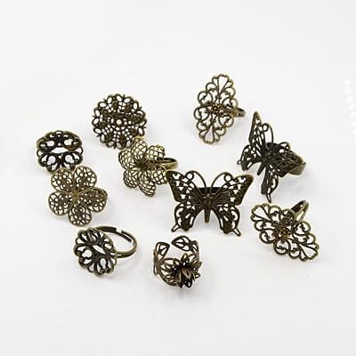 10 Pcs Adjustable Brass Filigree Ring Components Fingerring Base Bezels Cabochon Rings Setting Blanks for Jewelry Making 17-18mm Inner Diameter