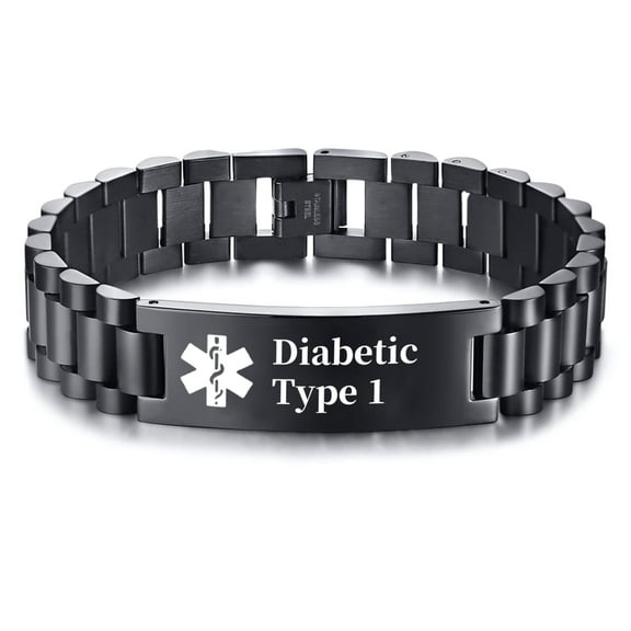 Metaljc Stainless Steel Medical Alert ID Bracelet for Men Women, Carving Diabetic Type 1