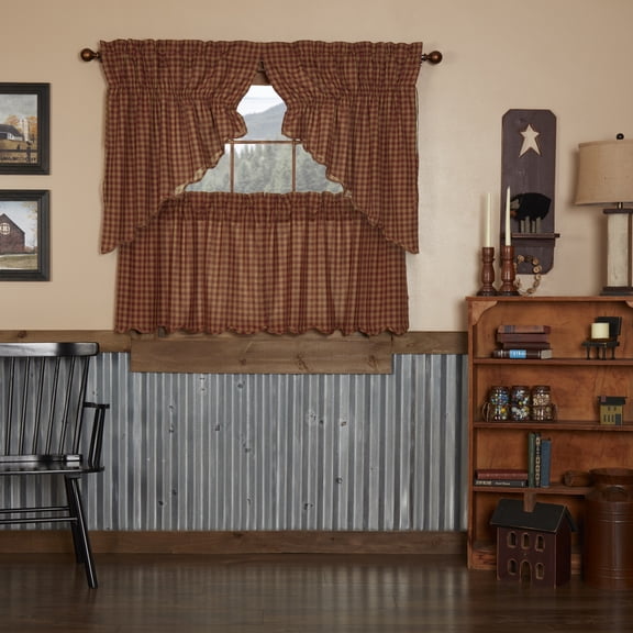 VHC Brands Burgundy Check 4 PC Curtain Set (2 Prairie Swag 36x18 and 2 Tier 24x36)