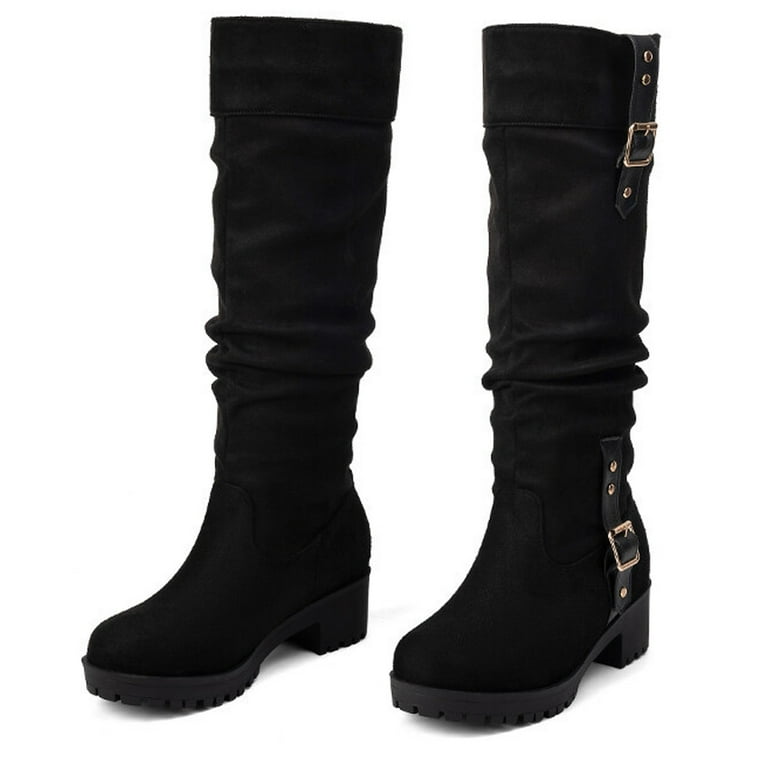Women s Mid Calf Slouchy Boots Suede Pull On Low Heel Stacked Chunky Block Knee High Boots Round Toe Wide Calf Riding Booties Walmart
