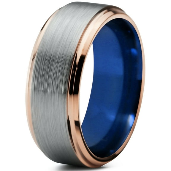 P. Manoukian Tungsten Wedding Band Ring 8mm for Men Women Blue 18k Rose Gold Plated Beveled Edge Brushed Polished Lifetime Guarantee Size 14