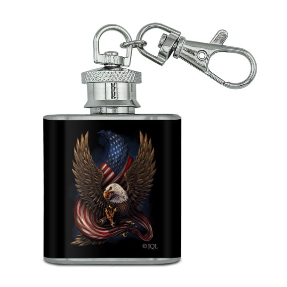 Patriotic Bald Eagle American USA Waving Flag Stainless Steel 1oz Mini Flask Key Chain