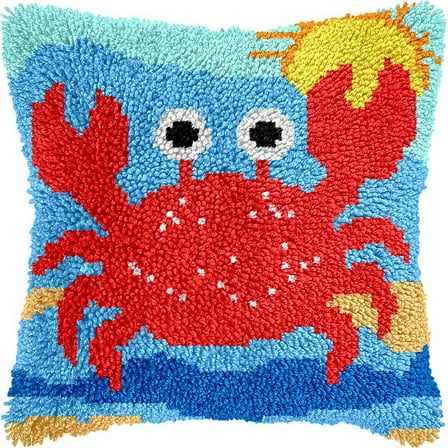 Crab Latch Hook Pillow Cover Kits for DIY Handmade Throw Pillow Cross Stitch Latch Hooking Pillowcase Kits with Preprinted Color Pattern Canvas Crochet Yarn Kits 17''X 17''(8-119)
