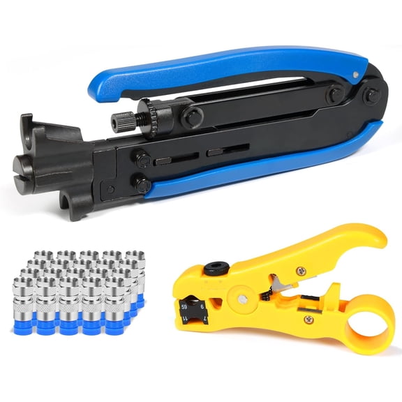 RG6 Compression Tool Coax Cable Crimper Kit RG6 RG11 RG59 F81 with 20PCS F Compression Connectors - BlueYellow