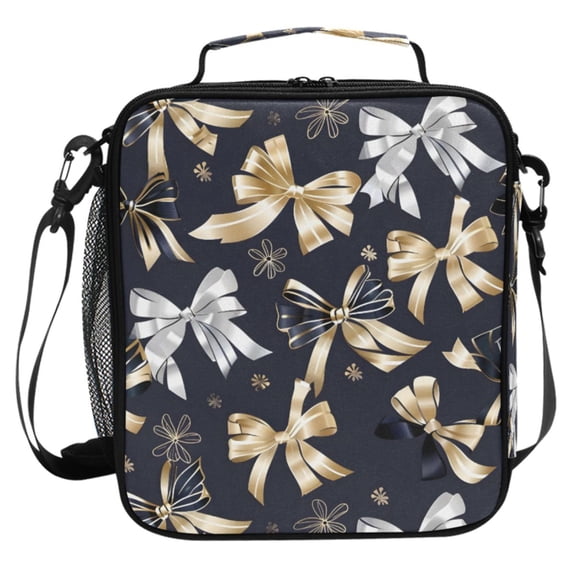 ALAZA Black Gold Bows Lunch Box Insulated Cooler Lunch Bag with Shoulder Strap Meal Prep Tote