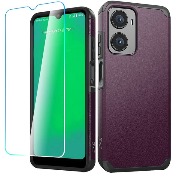 Cricket Magic 2 5G 2024 Tough Strong Protection Shock Absorption Hybrid Dual Layer Hard PC TPU Rubber with Screen Protector Tempered Glass Phone Case Cover - Dark Purple
