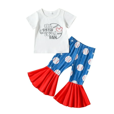 

Baby Outfits Girl Newborn Toddler Girls Short Sleeve Letter T Shirt Pullover Tops Baseball Printed Bell Bottoms Pants Outfits Toddler Fall Clothes White 18-24 Months
