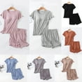 thumbnail image 4 of Women's Pajama 2PCS Sets, Soft Solid Color Lounge Sleepwear Short Sleeve Tops with Built in Bra Shorts Outfits Pjs Sets with Pocket, Multicolor, M-3XL, 4 of 4