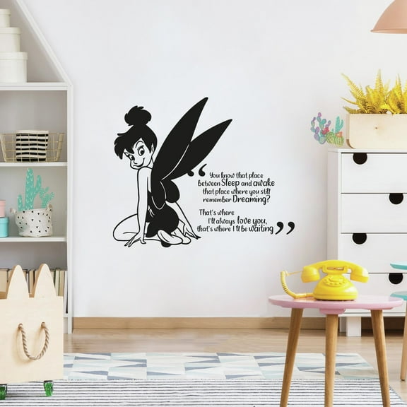 Smiling Tinkerbell Art That Place Where You Still Remember Dreaming Tinkerbell Quote Vinyl Wall Art Wall Decal Wall Sticker Home Decoration Design Kids Girls Room Wall Décor Size (20x20 inch)