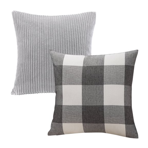 Decorative Throw Pillow Set, Soft Corduroy Striped Velvet & Buffalo Checker Plaid Farmhouse Cushion Series Bundle, for Sofa Couch Bedroom, Gray, 18" x 18"