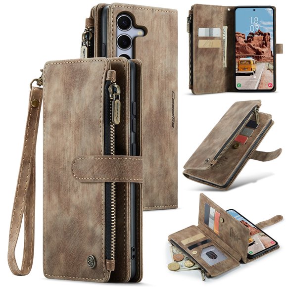 Étui CaseMe pour Samsung Galaxy S25 FE Étui Portefeuille pour Femmes Hommes, Mode Durable Cuir PU Magnétique Rabat Lanière Bracelet Fermeture Éclair Porte-Cartes Étui Portefeuille pour Samsung Galaxy S25 FE 5G 6.7 Pouces