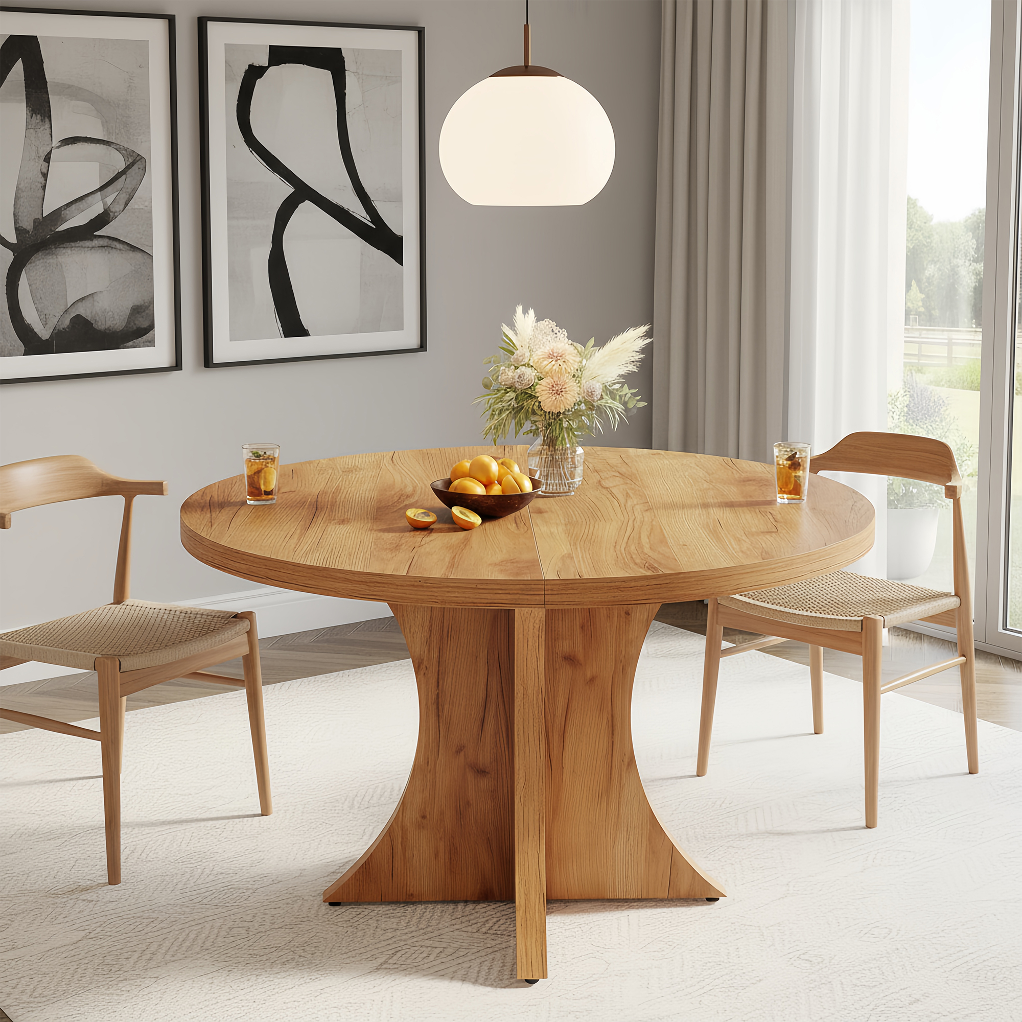 Farmhouse Round Dining Table, 47-Inch 4-6 Seater Wood Table with Pedestal Base, Small Space Kitchen Dinner Table for Dining Room Living Room, Brown