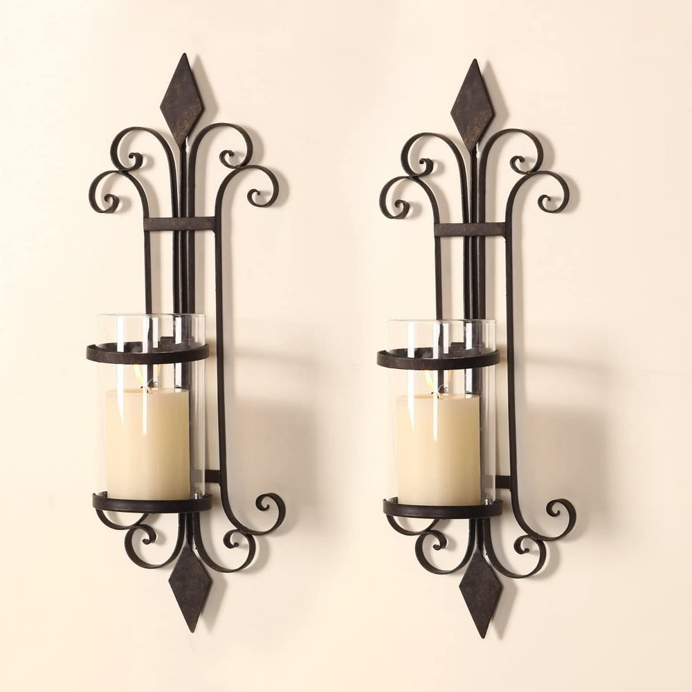 Adeco HD0006 Iron & Glass Vertical Wall Hanging Candle Holder Sconce, Scroll & Diamond Design