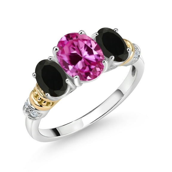 Gem Stone King 925 Sterling Silver and 10K Yellow Gold Oval Pink Created Sapphire Black Onyx and White Diamond 3 Stone Ring for Women (2.48 Cttw, Gemstone September Birthstone, Size 5)