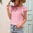 thumbnail image 3 of Defitshape Women's Flutter Short Sleeve T Shirt Cotton Summer Eyelet Top Cute Loose Flowy Lightweight Key Hole Knotted Ruffle V Neck Blouse Pink X-Large, 3 of 4