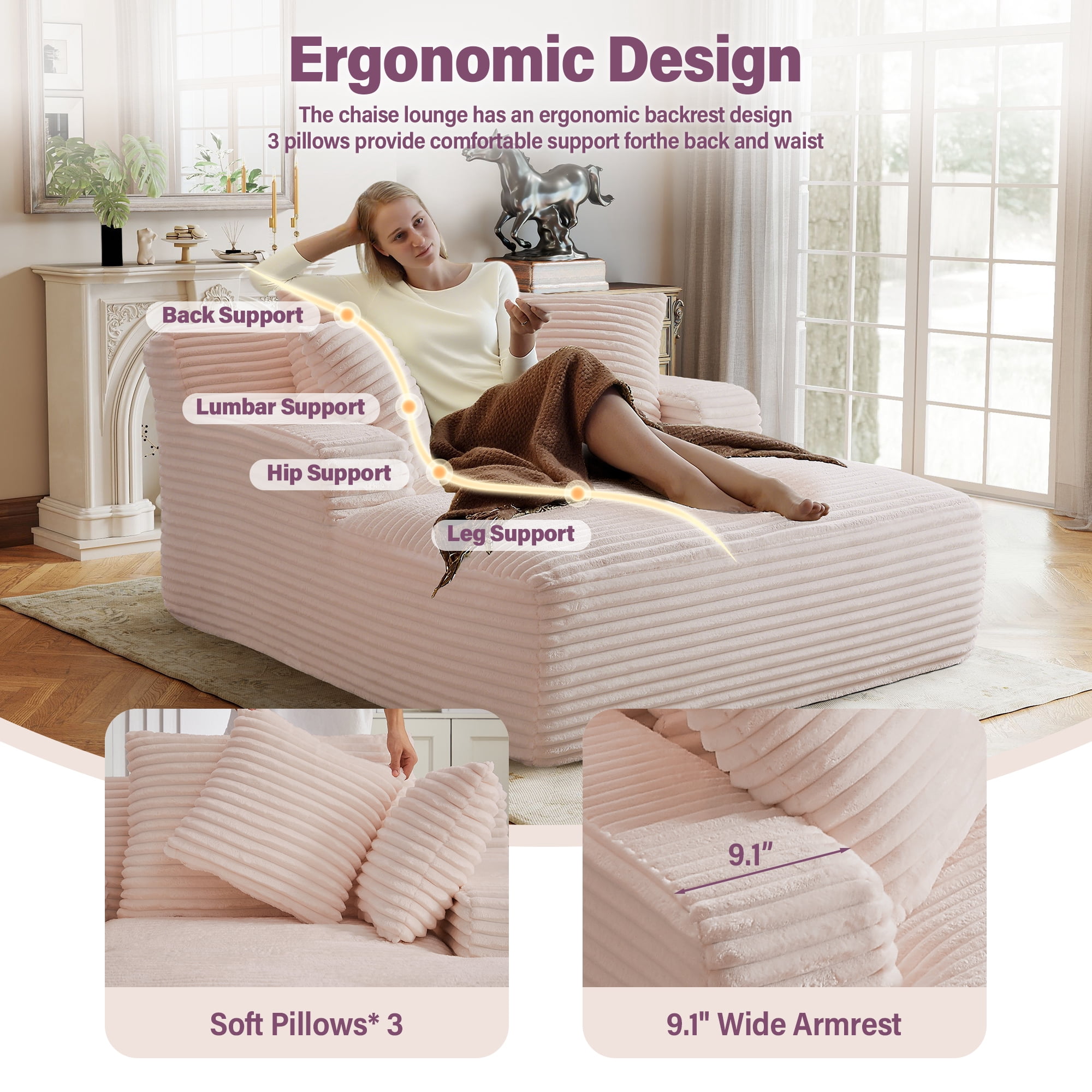 Aukfa Corduroy Chaise Lounge Chair, Oversized Indoor Lounger Floor Sofa Bed for Living Room, Bedroom, Small Space,Pink